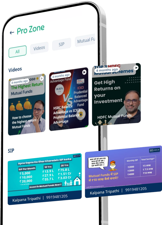 zfunds Pro Zone with ready-to-share videos and SIP content stamped with the distributor's own name and number